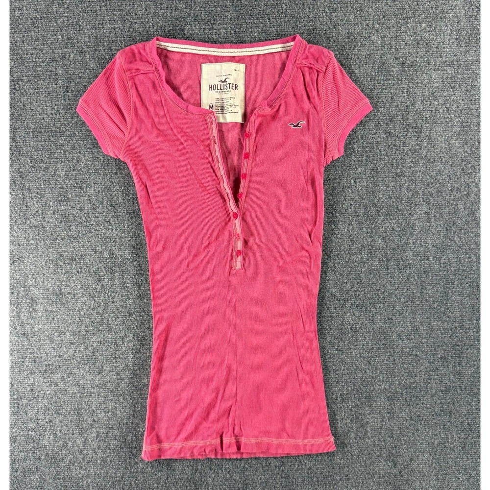Y2K Hollister Pink Ribbed Henley Short Sleeve Top Women M Seagull Logo Slim Fit